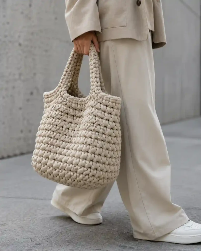 Chunky oatmeal T-shirt yarn crochet tote carried with an oversized jacket and wide-leg trousers