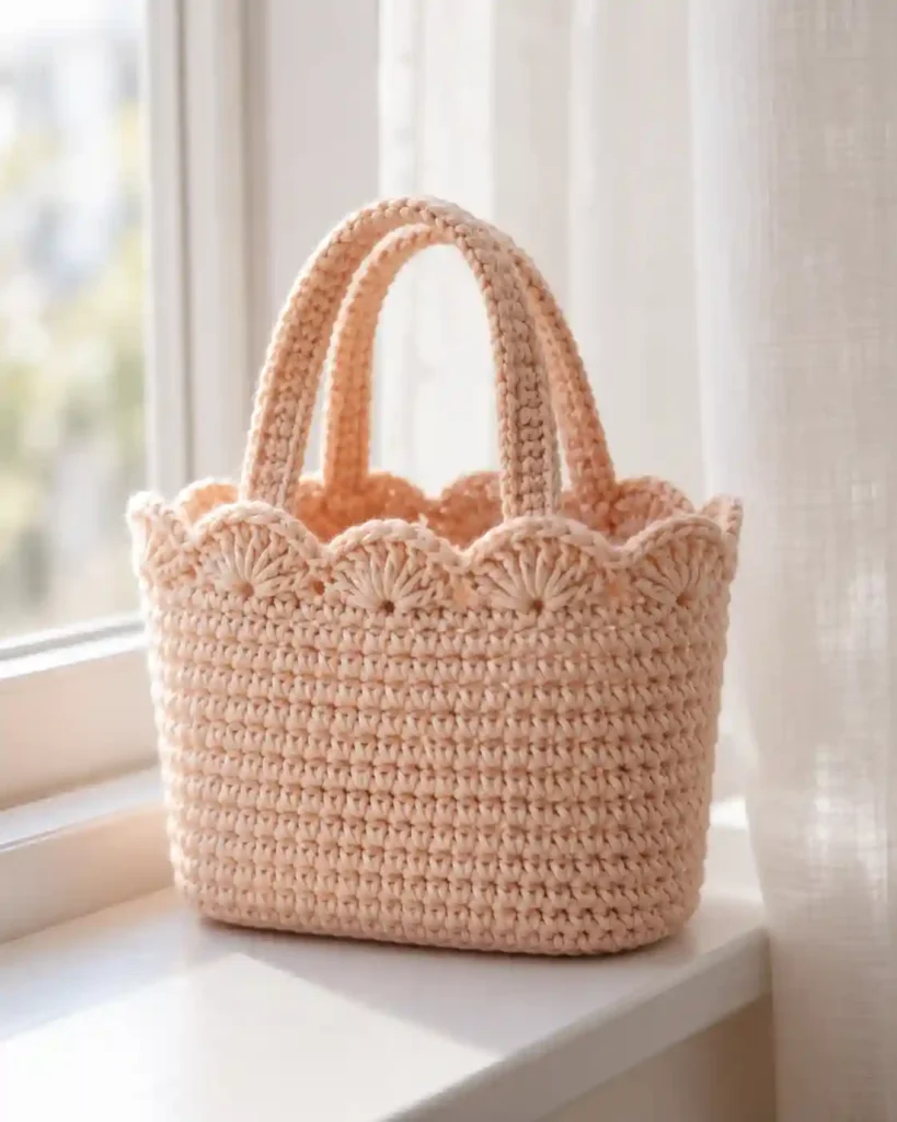 Pale peach mini crochet tote bag with a scalloped shell-stitch border on a white windowsill