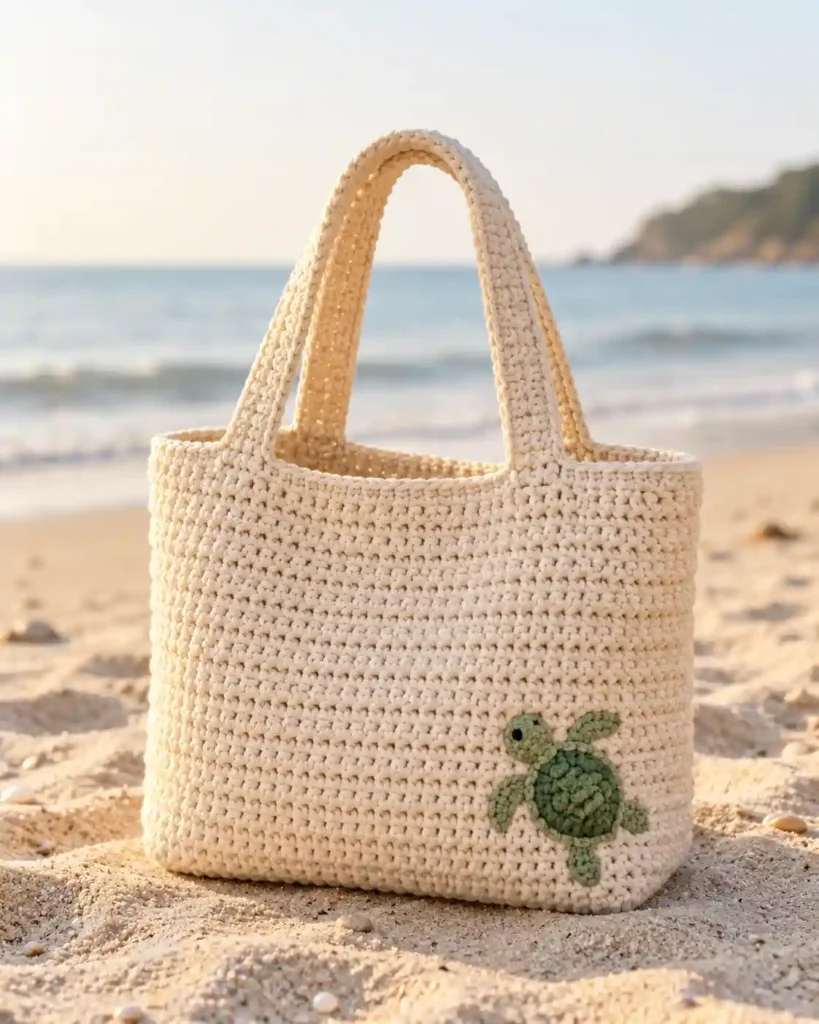 Ivory crochet tote bag with a small green turtle motif resting on beach sand