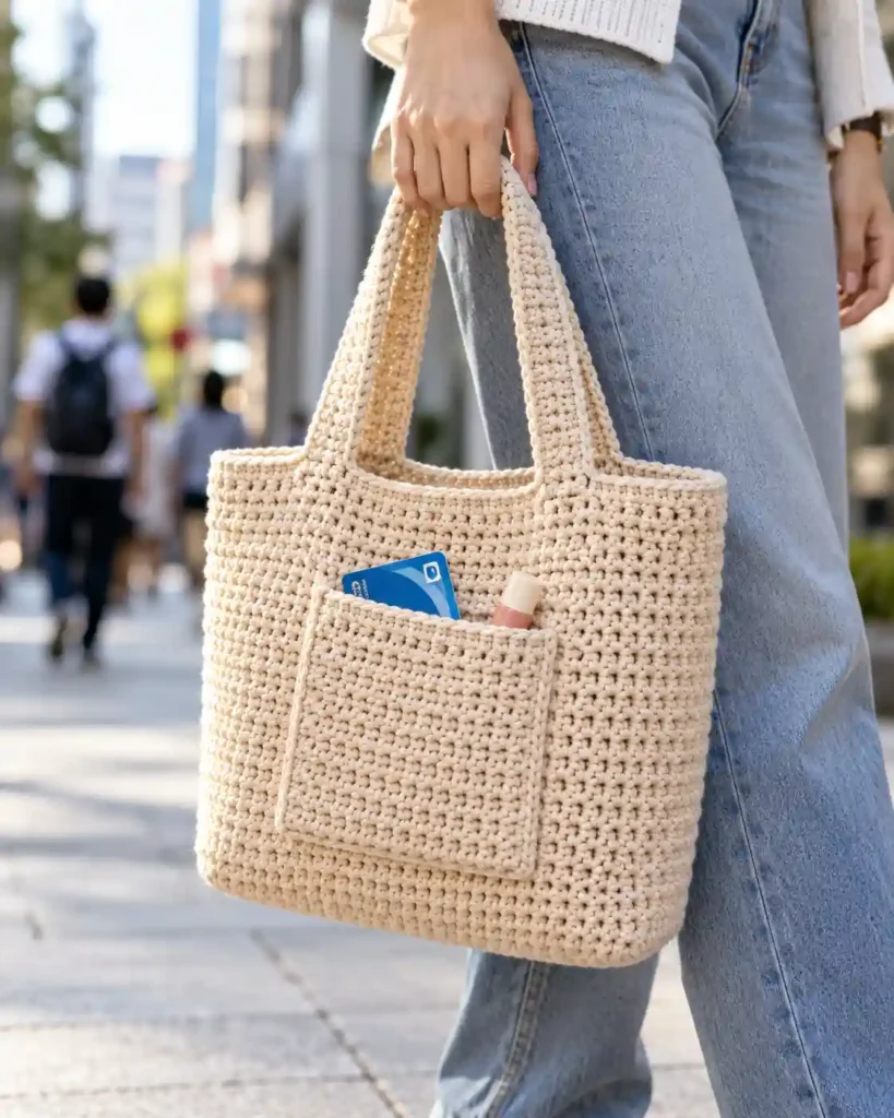 Beige crochet tote bag with a front pocket holding a transit card and lip balm on a city street