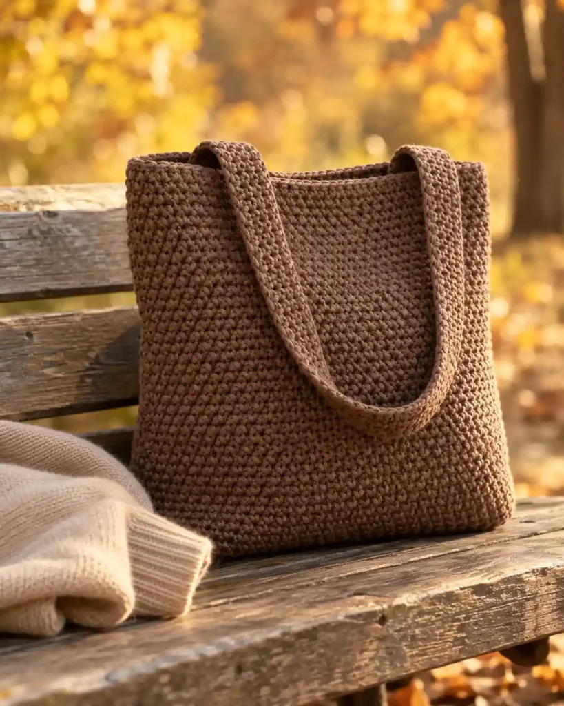 Mocha brown moss-stitch crochet tote bag on a wooden bench in warm autumn light