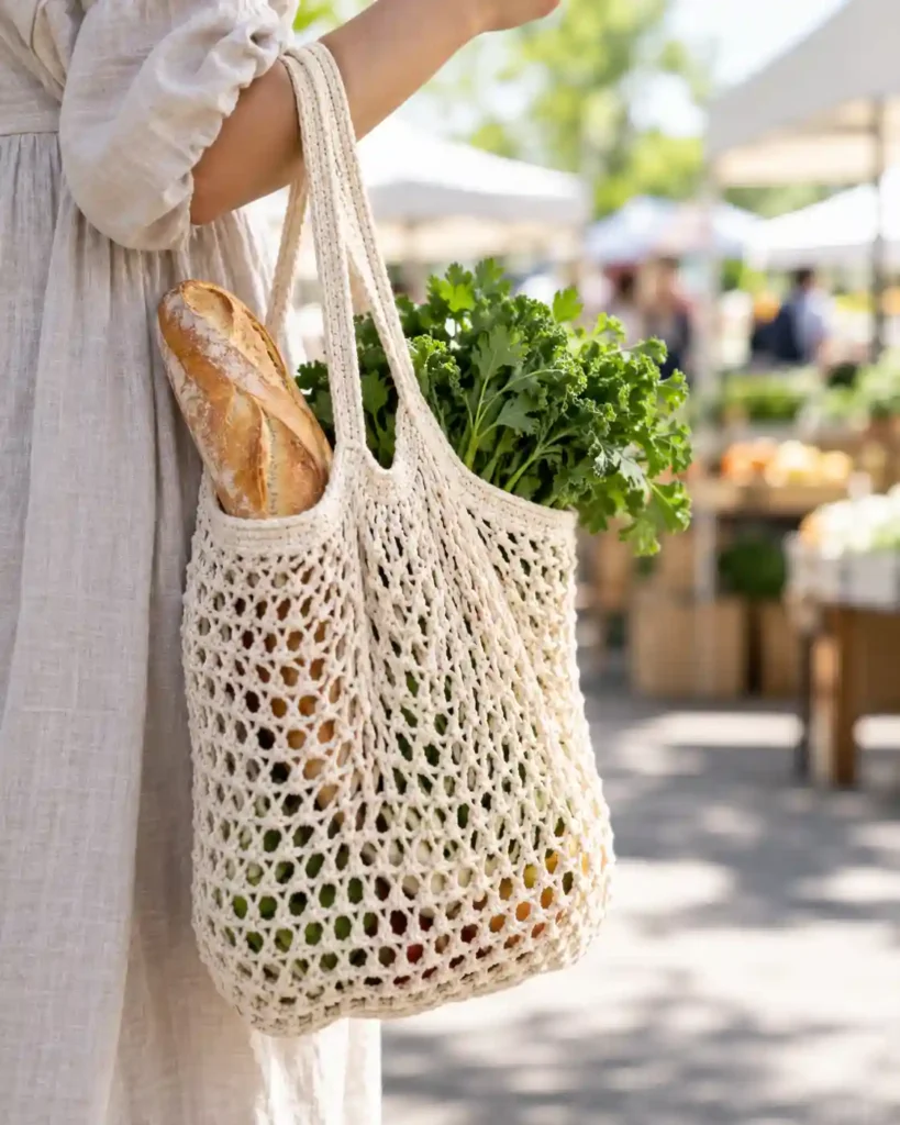 Cream openwork crochet market tote filled with a baguette and greens hanging from a forearm