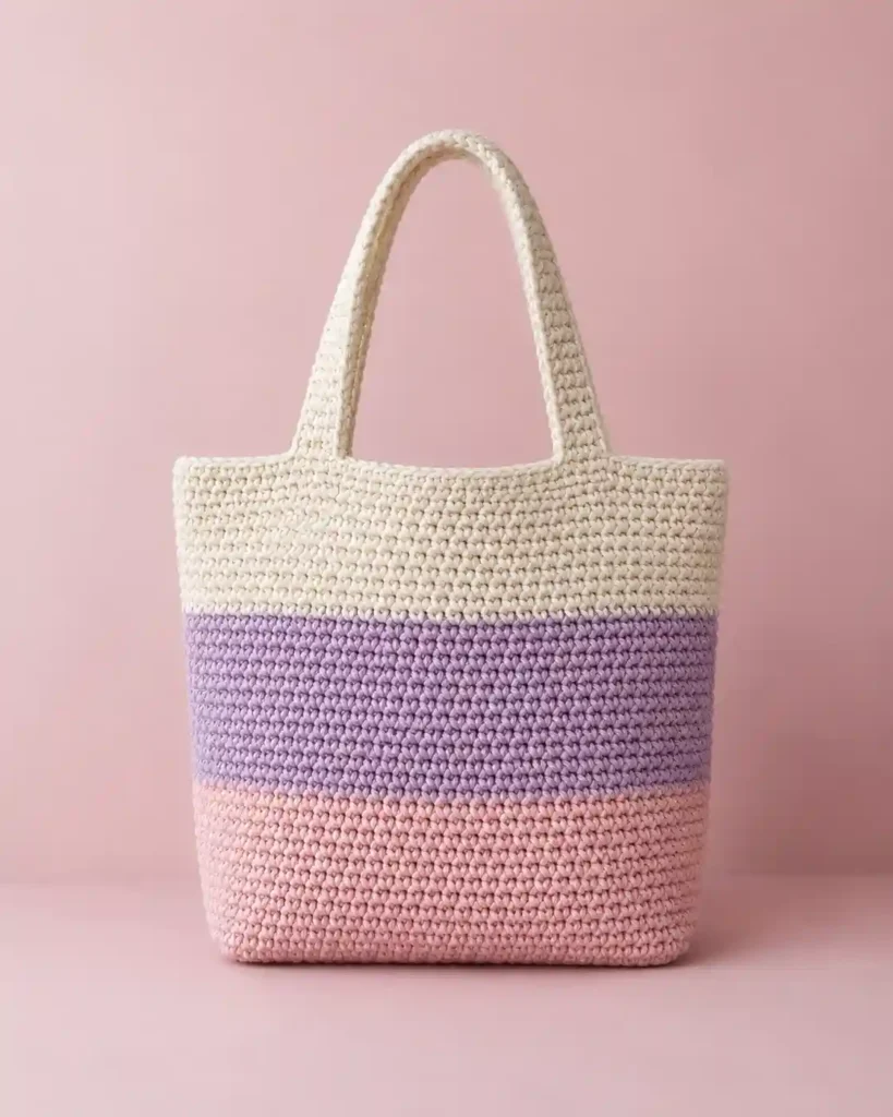 Pastel color-block crochet tote bag in cream, lavender and pale pink against a soft pink wall