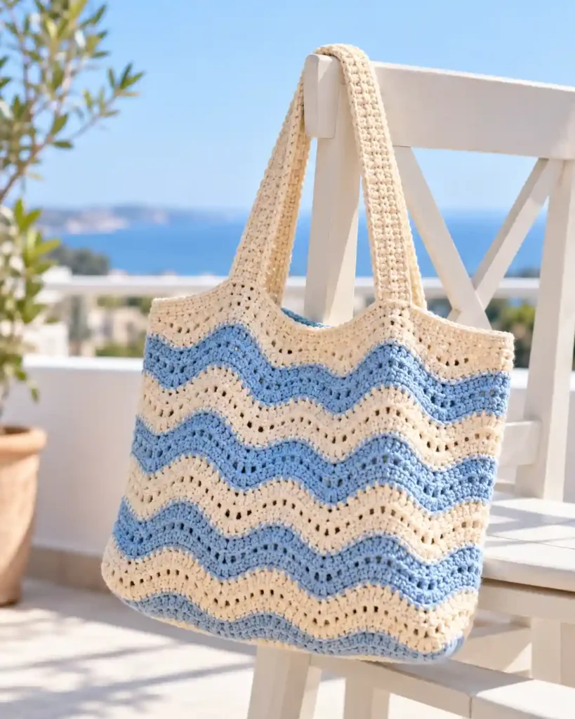 Cream and sky blue wavy ripple-stitch crochet tote bag hanging over a white chair on a balcony