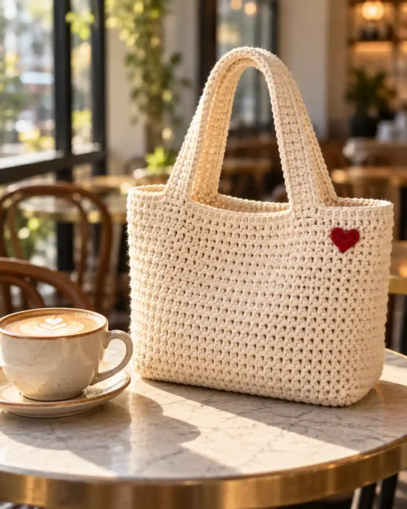 Cream crochet tote bag with a tiny red heart accent beside a latte on a cafe table