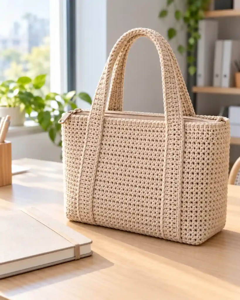 Structured beige crochet tote bag with a top zipper next to a notebook on a light wood desk