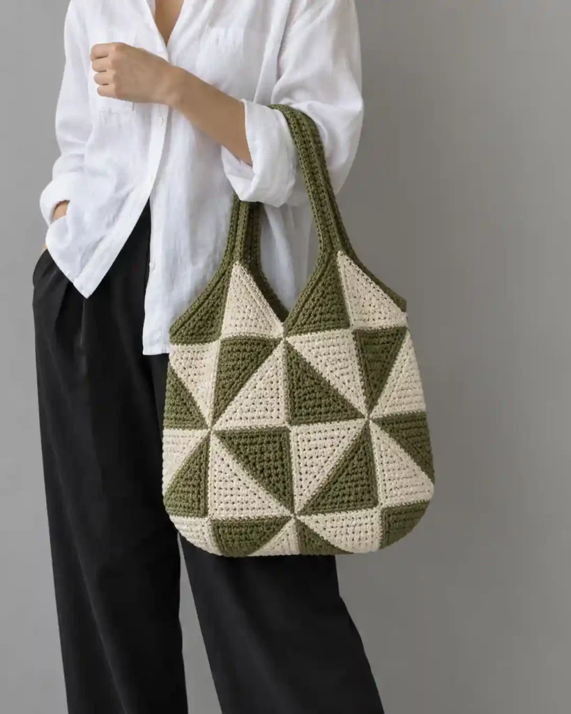 Cream and olive geometric triangle crochet tote bag carried with black trousers and an oversized shirt