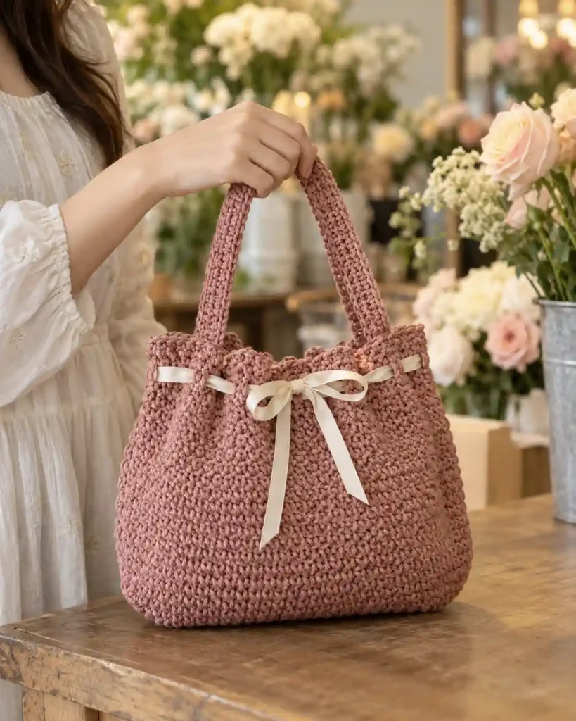 Dusty rose crochet tote bag with an ivory ribbon tie closure held at a flower shop