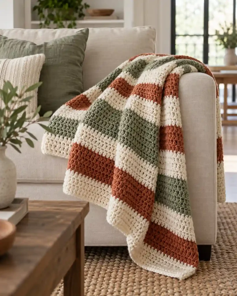 Modern striped crochet blanket in cream, sage and rust draped over a linen sofa