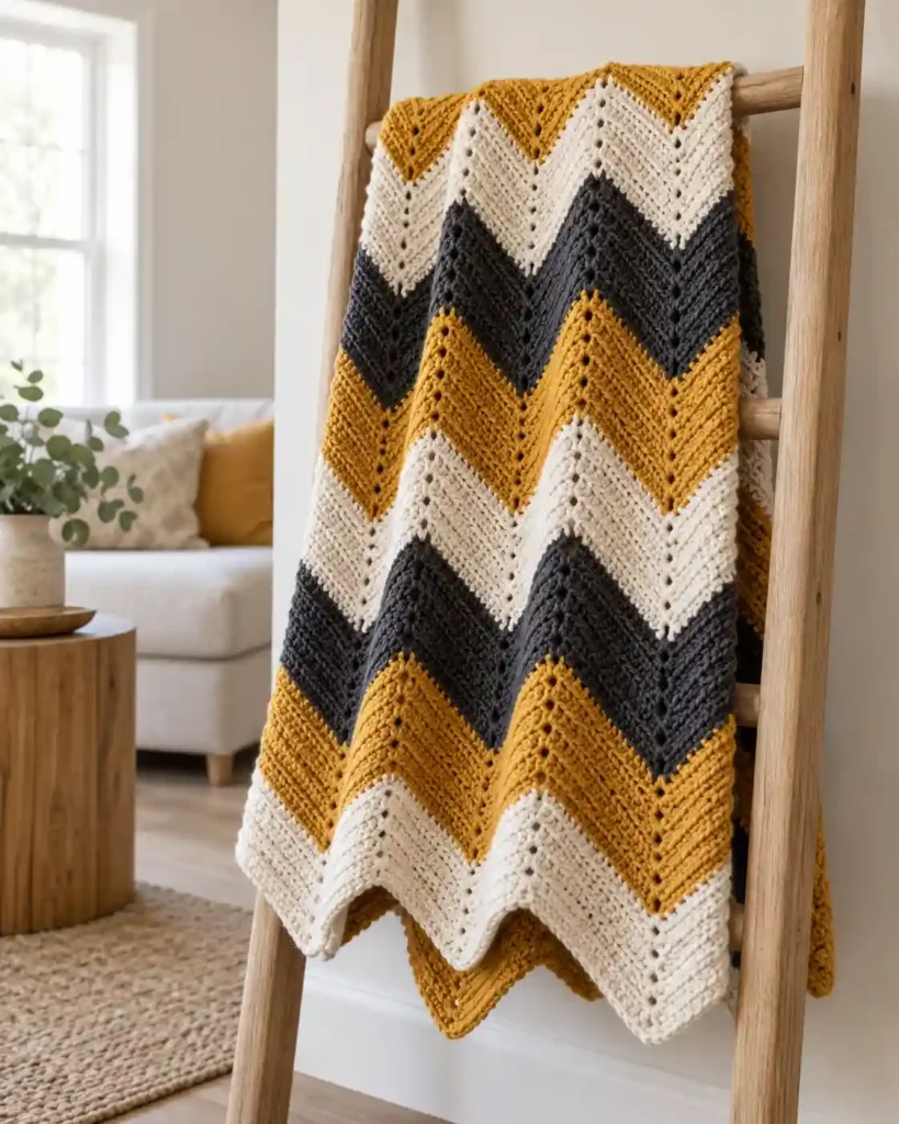 Modern chevron zigzag crochet blanket in mustard, charcoal and cream on a wooden ladder