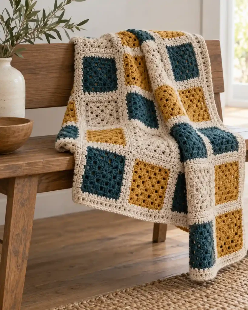 Modern granny square crochet blanket in oatmeal, teal and mustard folded on a wooden bench