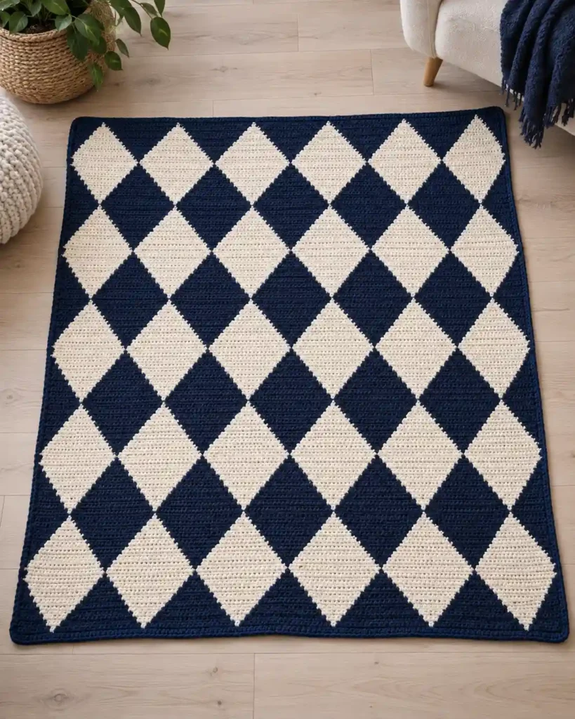 Navy and cream geometric diamond crochet blanket laid flat on a wooden floor