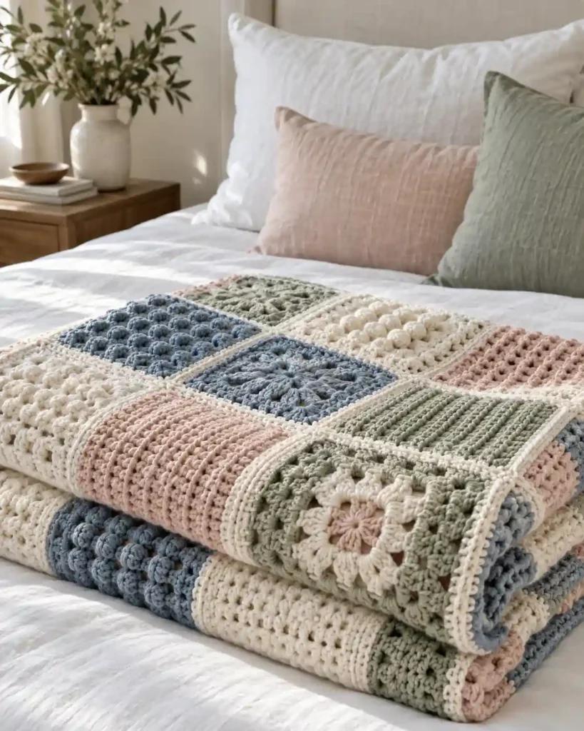 Patchwork crochet quilt blanket in dusty blue, cream, blush and sage on a white bed
