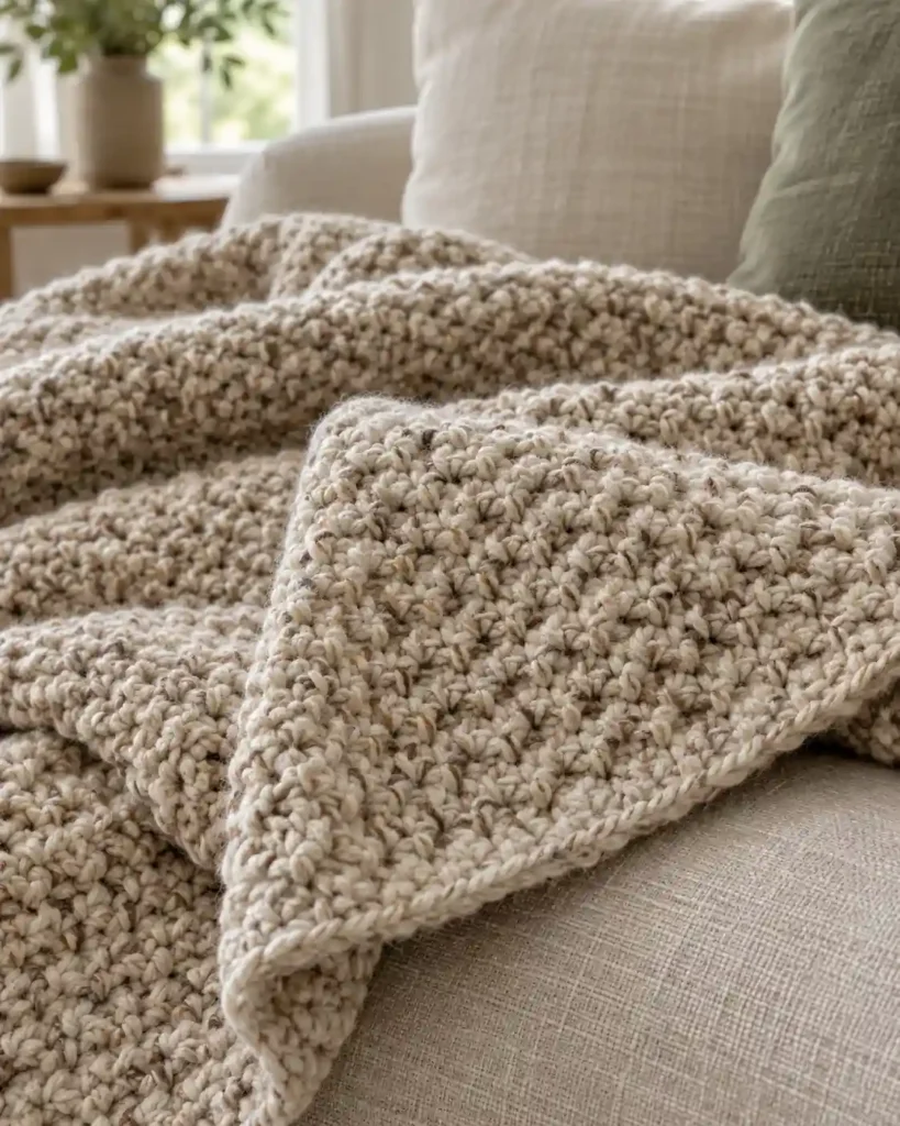 Close-up of an oatmeal moss stitch crochet blanket showing woven texture