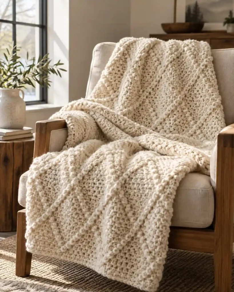 Cream alpine stitch crochet blanket with raised diamond texture on an armchair
