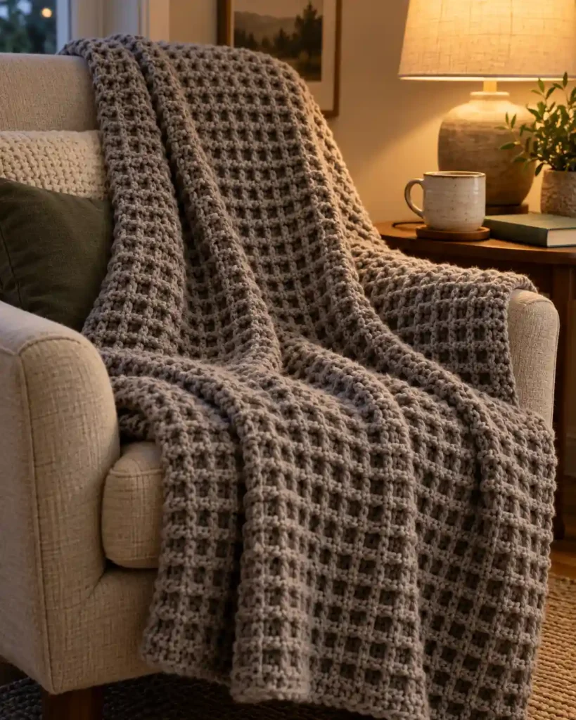 Warm gray waffle stitch crochet blanket on a reading chair
