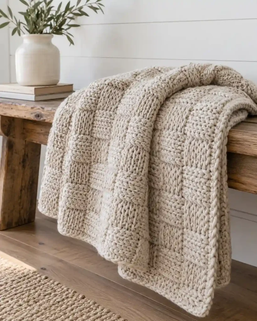 Oatmeal basketweave crochet blanket folded on a wooden bench