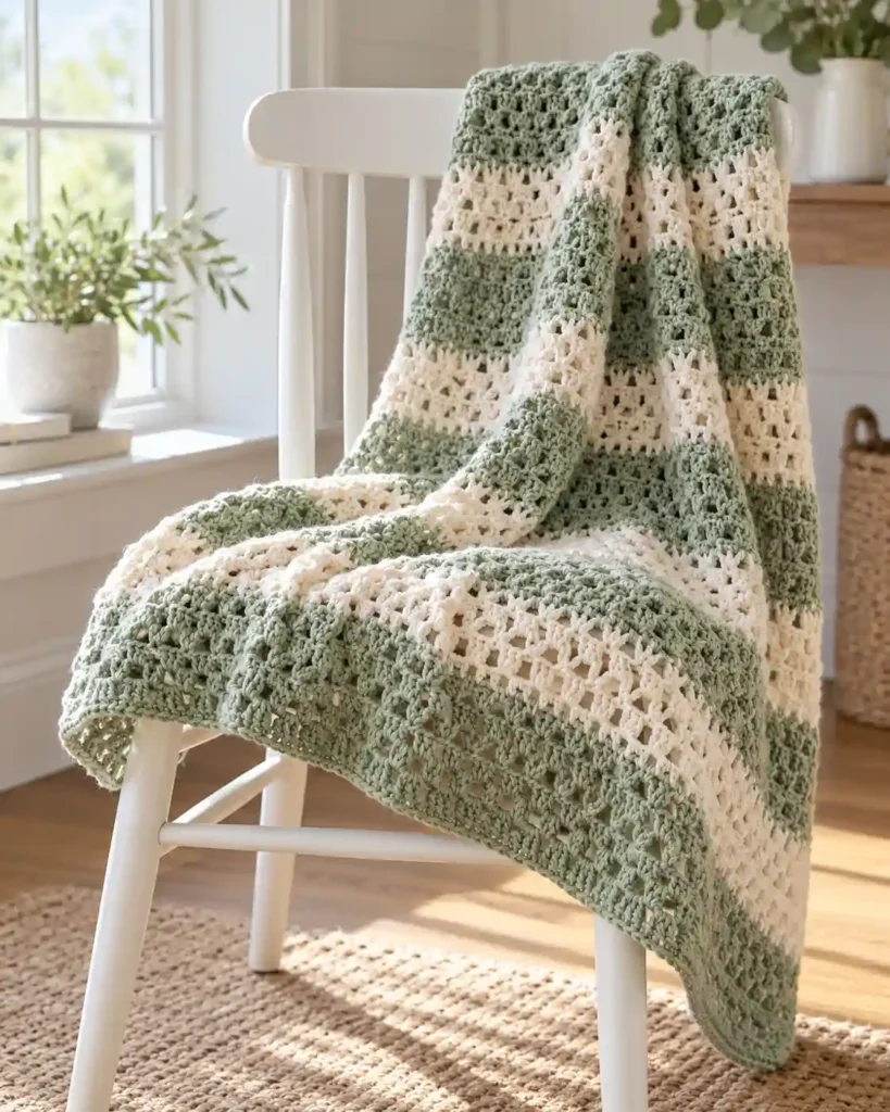 Lightweight sage and cream v stitch crochet blanket over a white chair
