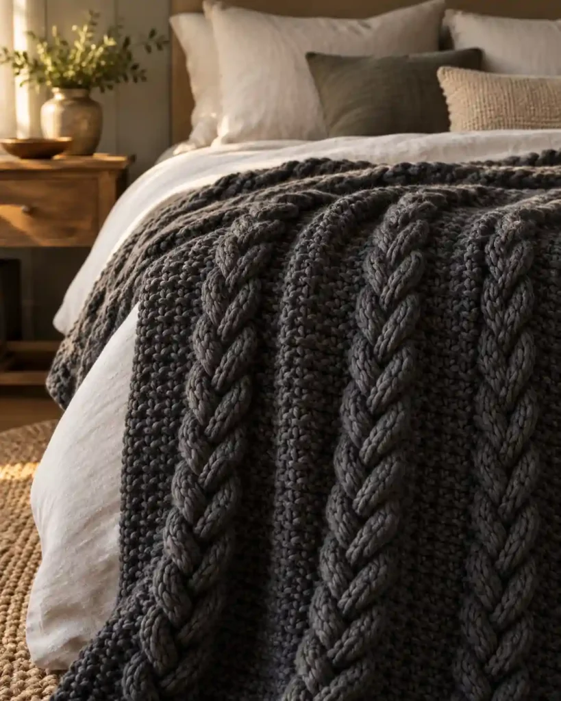 Charcoal braided stitch crochet blanket draped over the end of a bed