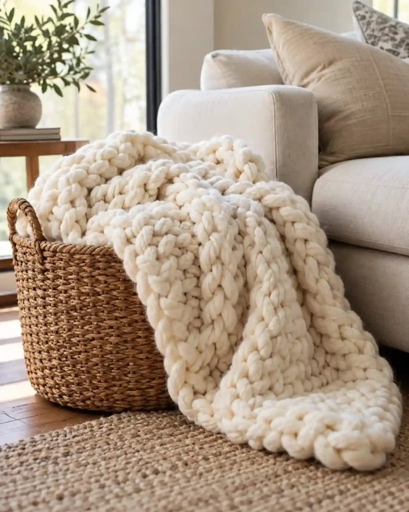 Chunky cream super bulky crochet blanket in a woven basket