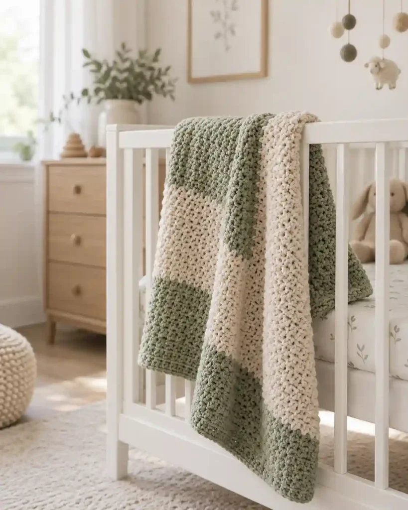 Oat and sage modern crochet baby blanket draped on a white crib