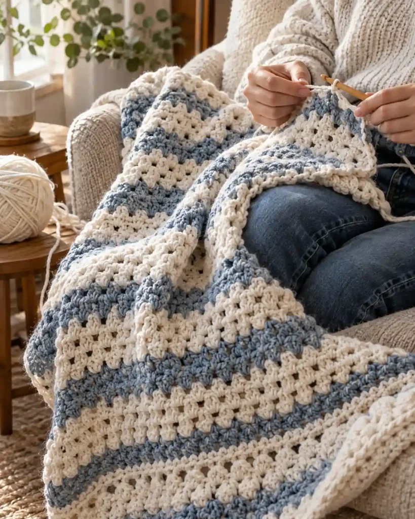 Beginner modern crochet throw in progress with a hook and yarn