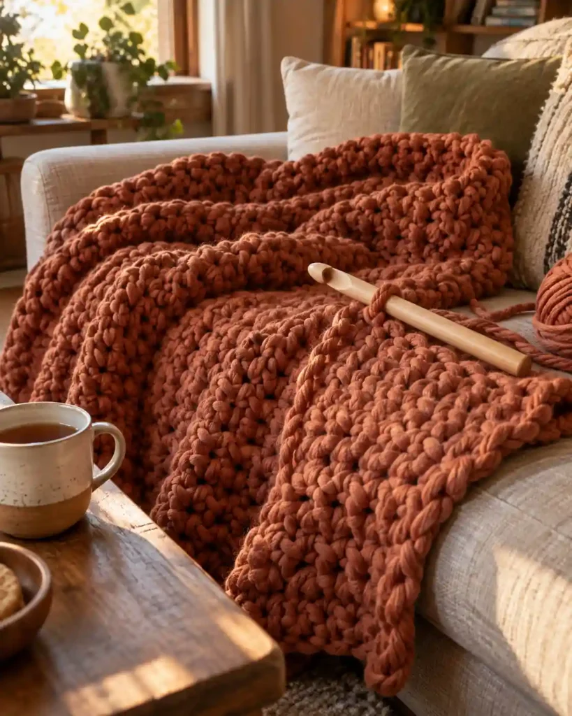 Terracotta bulky quick crochet blanket with a jumbo hook on a sofa