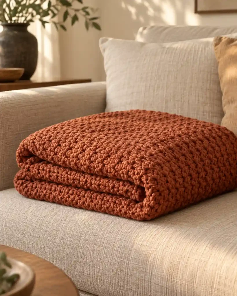 Single-color terracotta textured crochet blanket on a beige sofa