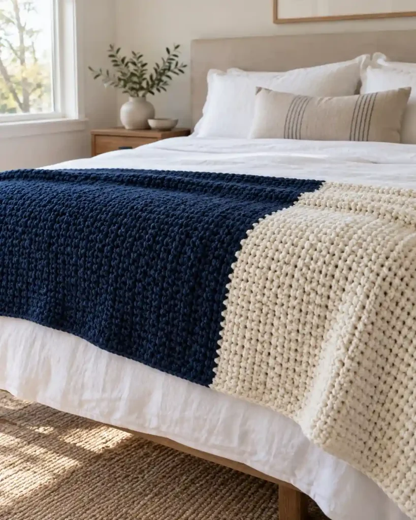 Navy and cream color block crochet blanket across the foot of a bed