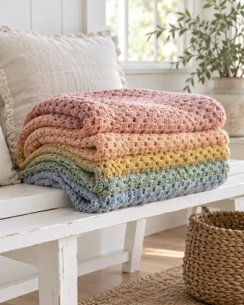 Muted rainbow ombre crochet blanket folded on a white wooden bench