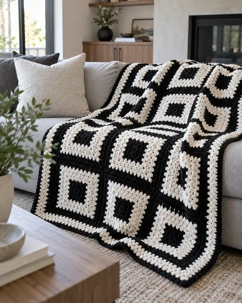 Black and white geometric crochet blanket over a light gray sofa