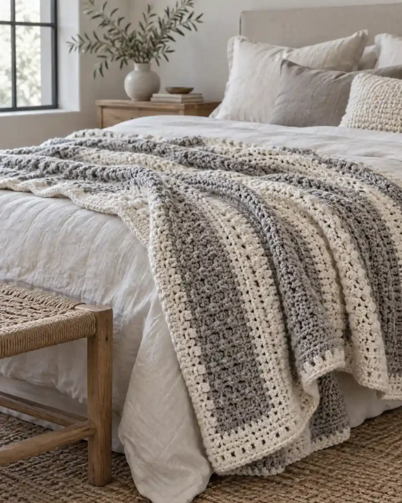 Soft gray and cream textured crochet blanket on a neutral linen bed
