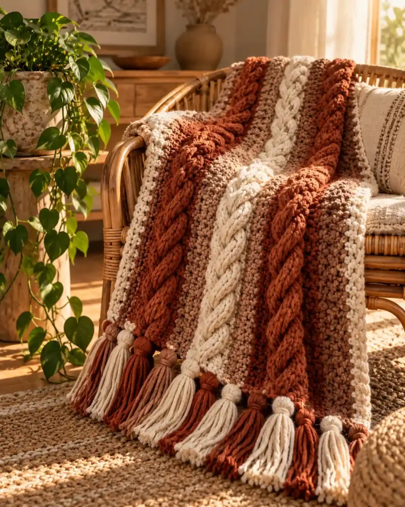 Clay, rust and cream boho crochet blanket with fringe on a rattan chair