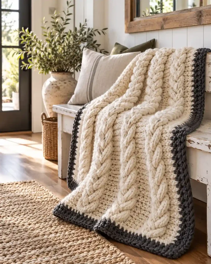 Cream farmhouse crochet blanket with charcoal border on a white bench