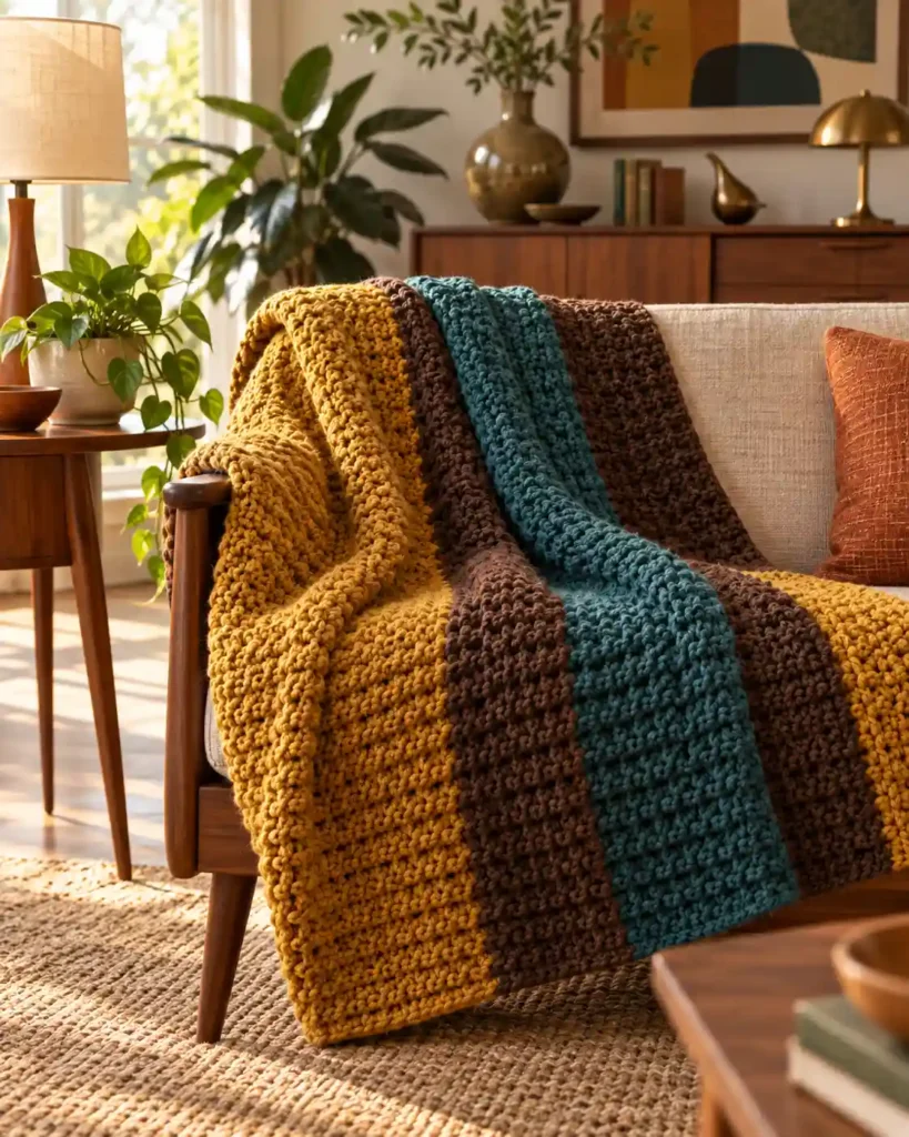 Mustard and teal mid-century modern crochet blanket on a walnut sofa