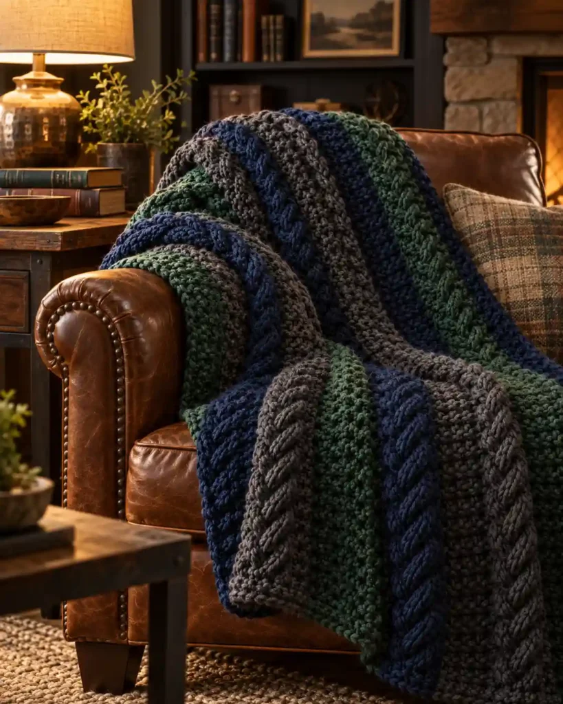 Charcoal, navy and green striped crochet blanket on a leather armchair