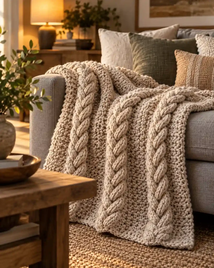 Oatmeal textured crochet throw styled on a contemporary gray sofa