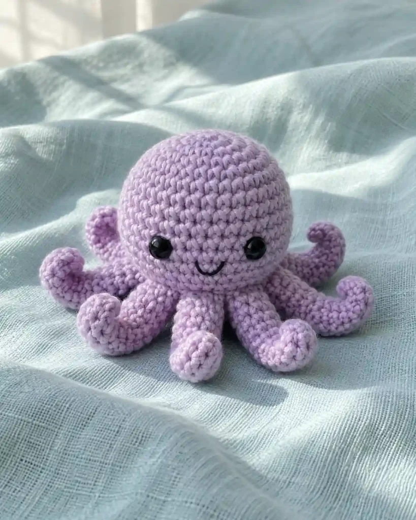 Finished mini octopus crochet amigurumi showing its distinct shape and no-sew integrated details in a clean craft setting.