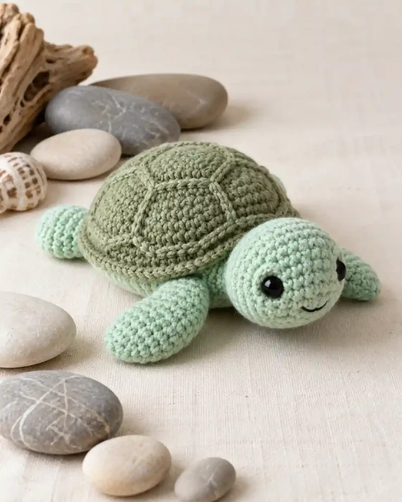 Finished baby turtle crochet amigurumi showing its distinct shape and no-sew integrated details in a clean craft setting.