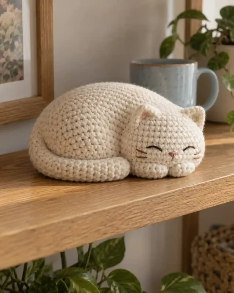 Finished loaf cat crochet amigurumi showing its distinct shape and no-sew integrated details in a clean craft setting.