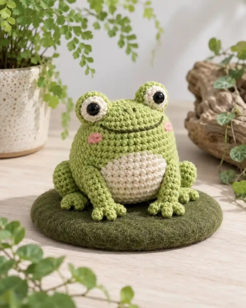 Finished pocket frog crochet amigurumi showing its distinct shape and no-sew integrated details in a clean craft setting.