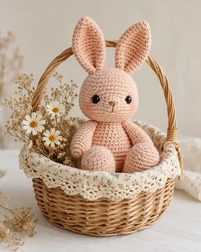 Finished floppy-eared bunny crochet amigurumi showing its distinct shape and no-sew integrated details in a clean craft setting.