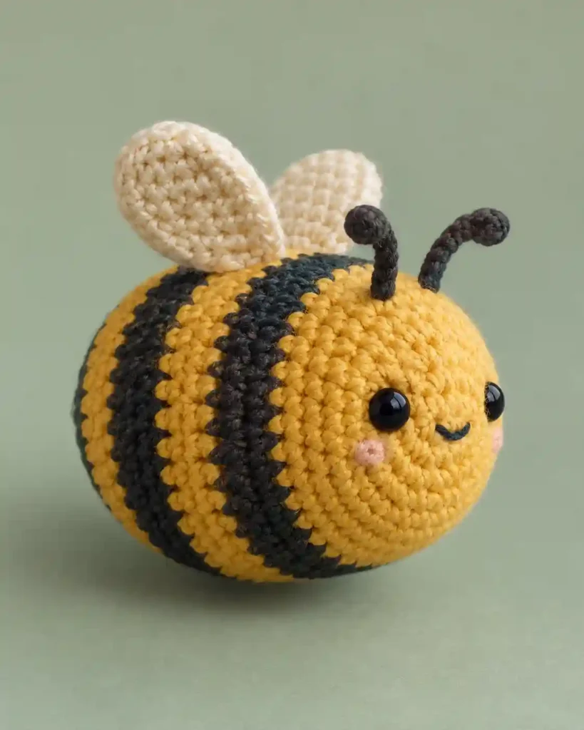 Finished chunky bumblebee crochet amigurumi showing its distinct shape and no-sew integrated details in a clean craft setting.