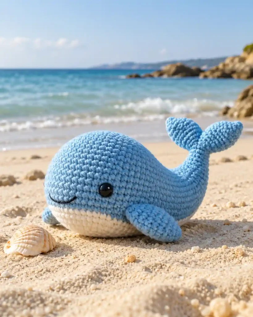 Finished tiny whale crochet amigurumi showing its distinct shape and no-sew integrated details in a clean craft setting.