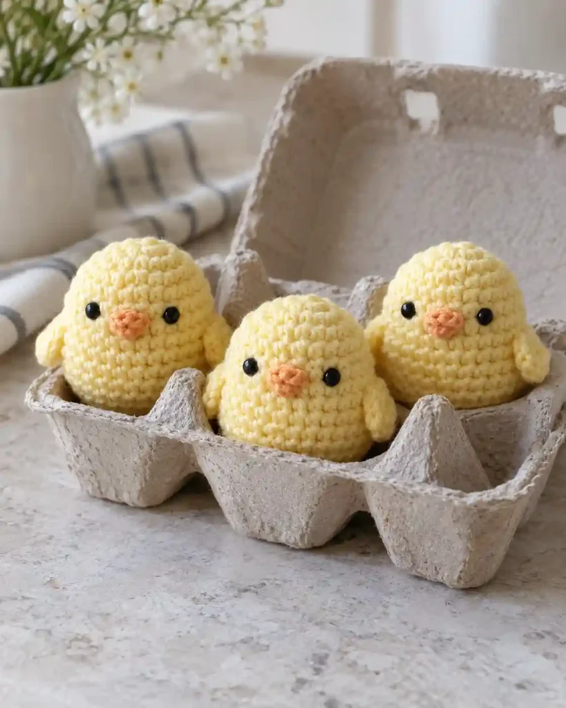 Finished baby chick crochet amigurumi showing its distinct shape and no-sew integrated details in a clean craft setting.