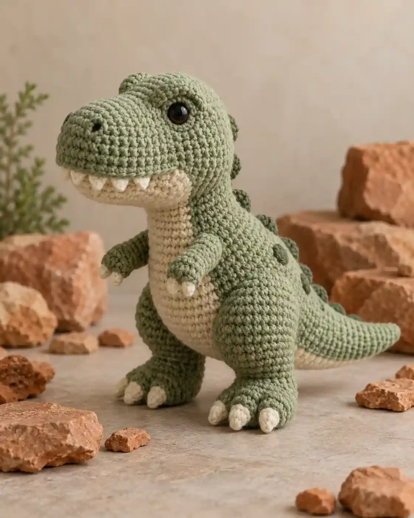 Finished pocket t-rex crochet amigurumi showing its distinct shape and no-sew integrated details in a clean craft setting.
