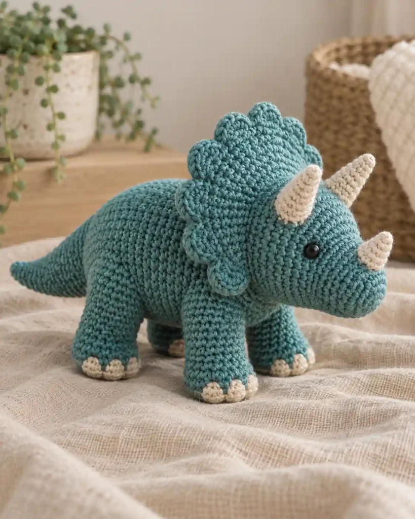 Finished baby triceratops crochet amigurumi showing its distinct shape and no-sew integrated details in a clean craft setting.