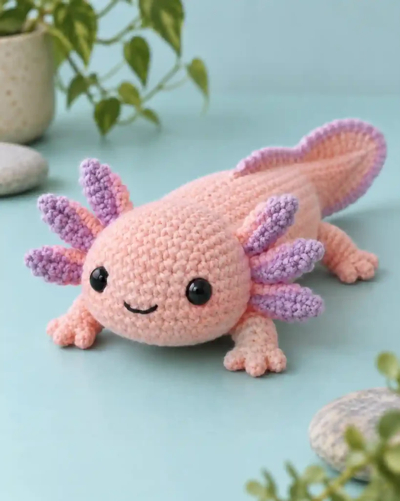 Finished chubby axolotl crochet amigurumi showing its distinct shape and no-sew integrated details in a clean craft setting.