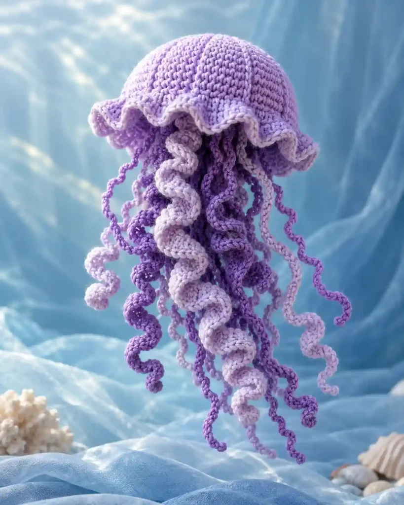 Finished curly-tentacle jellyfish crochet amigurumi showing its distinct shape and no-sew integrated details in a clean craft setting.