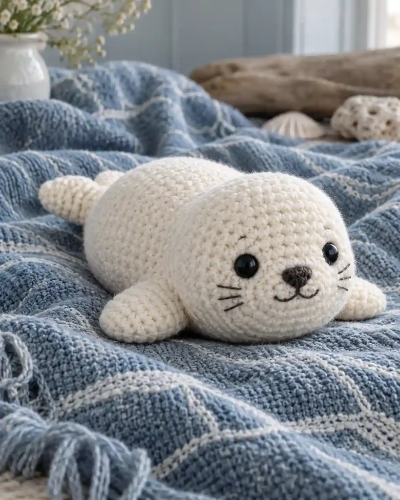 Finished baby seal crochet amigurumi showing its distinct shape and no-sew integrated details in a clean craft setting.